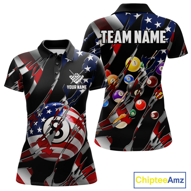 American flag 8 ball pool billiard polo shirt for women with patriotic pool team graphics.