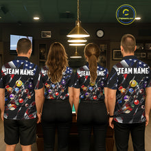 Load image into Gallery viewer, Back view of pool players wearing matching patriotic 8 ball pool shirts in a game room.