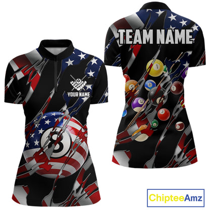 American flag 8 ball pool billiard quarter zip shirt for women designed for league tournaments and team events.