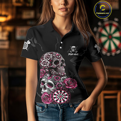 Personalized Pink Funny Skull Roses Darts Shirt For Women Custom Darts Team Jersey, Darts Outfit TDM4354