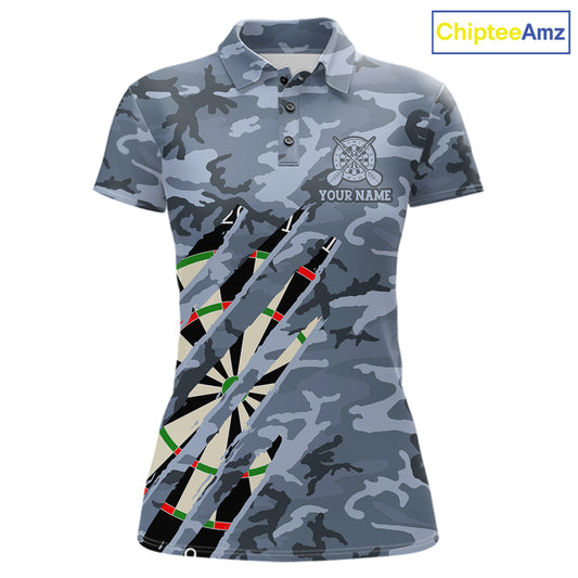 Personalized blue military camo darts league team jersey polo shirt for women featuring blue camouflage artwork, premium custom darts league apparel for tournaments and competitive teams.