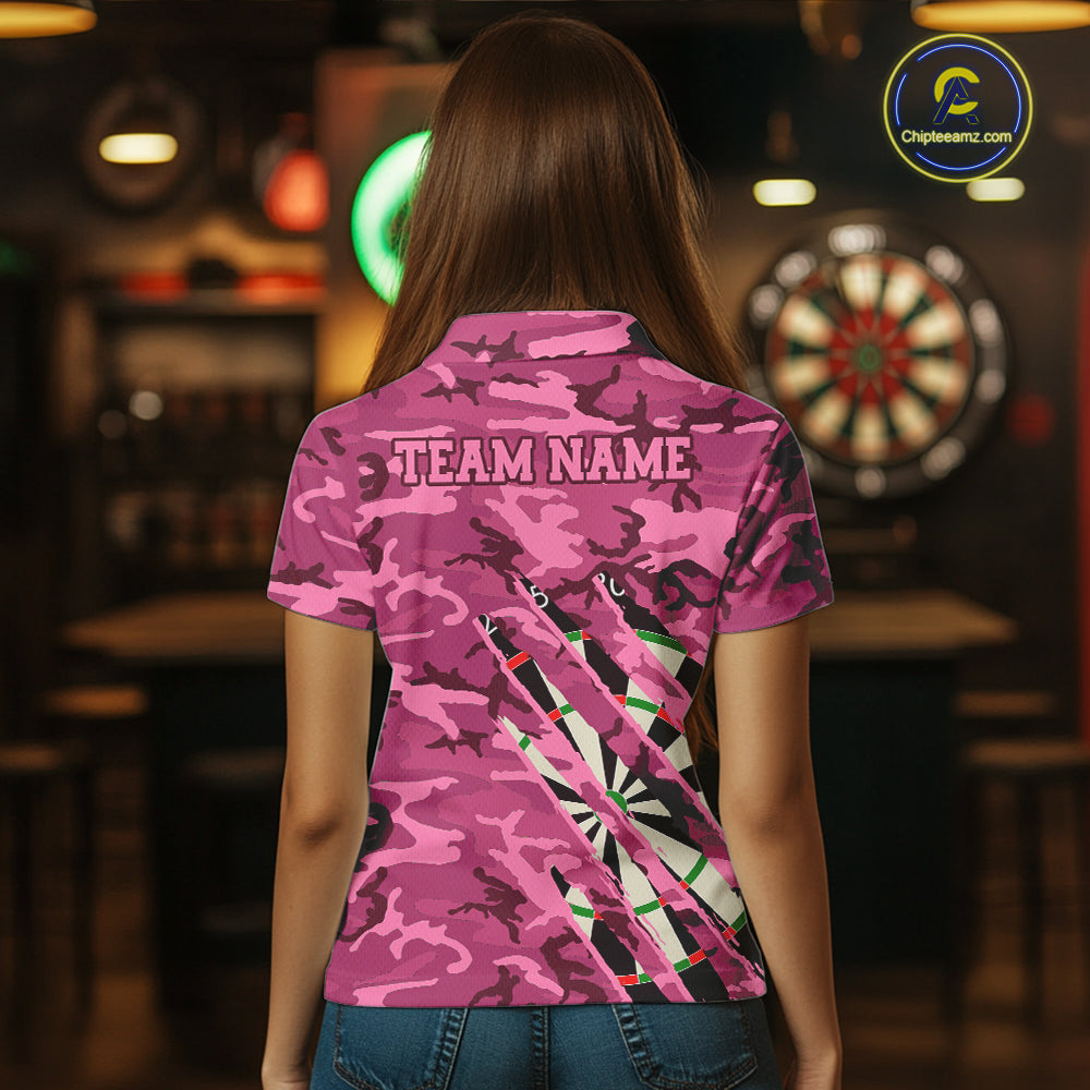Woman wearing personalized pink military camo darts league team jersey polo shirt featuring pink military camouflage artwork, back view.