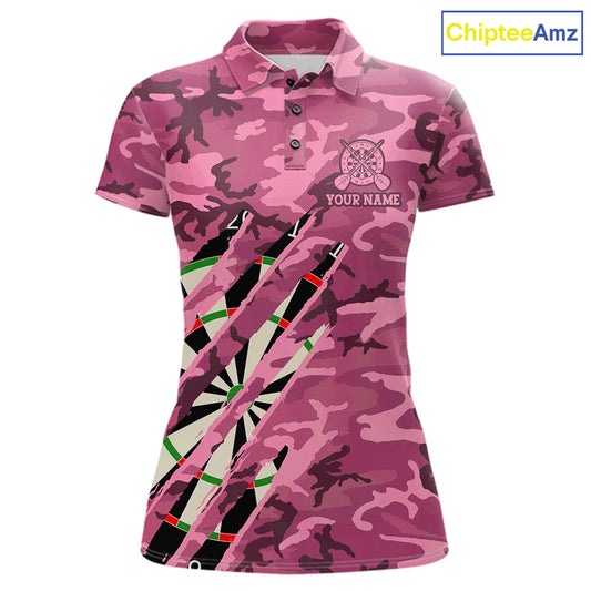 Personalized pink military camo darts league team jersey polo shirt for women featuring pink camouflage artwork, premium custom darts league apparel for tournaments and competitive teams.