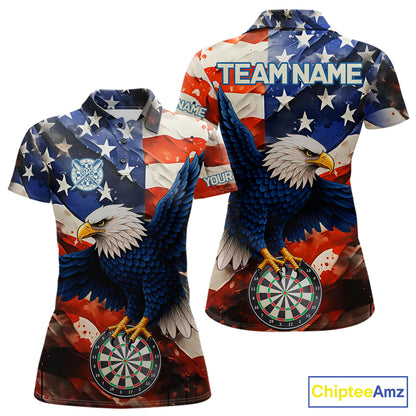 Personalized American flag eagle darts team jersey polo shirt for women featuring patriotic eagle and American flag artwork, premium custom darts league apparel for tournaments and league play.