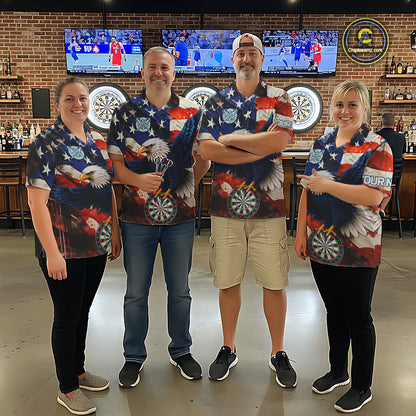 Man wearing personalized American flag eagle darts team jersey quarter zip shirt featuring patriotic eagle artwork, front view.