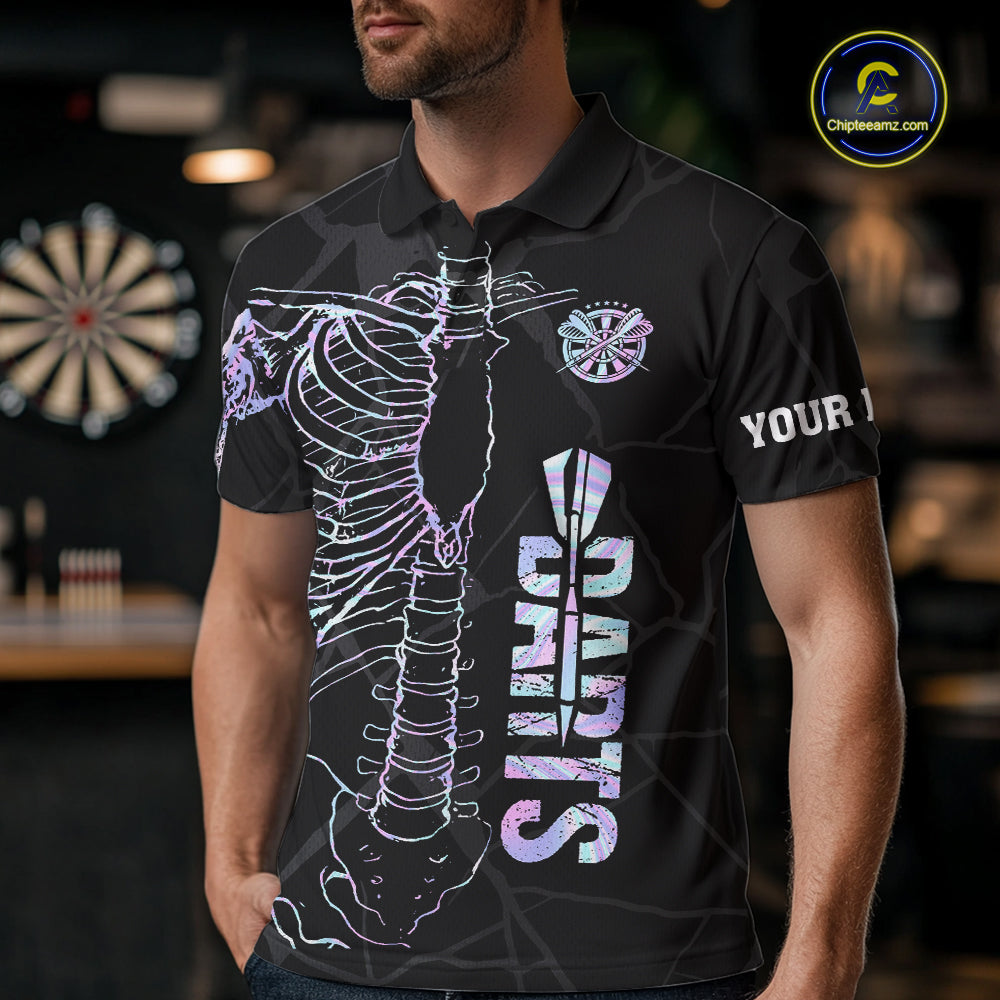 Man wearing personalized holographic funny skeleton darts team jersey polo shirt featuring holographic skeleton artwork, front view.