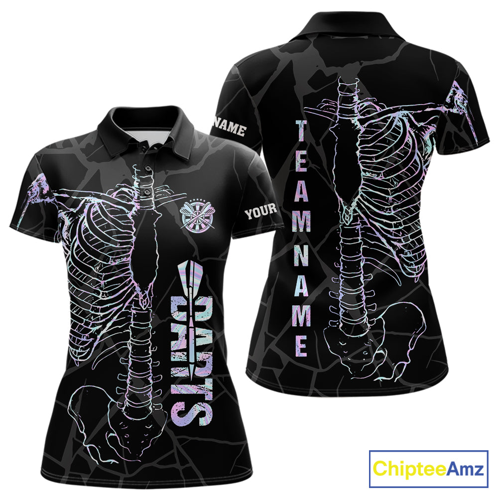 Personalized holographic funny skeleton darts team jersey polo shirt for women featuring vibrant holographic skeleton artwork, premium custom darts league apparel and unique darts gifts.