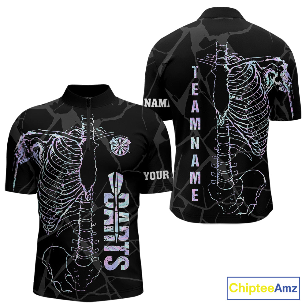 Personalized holographic funny skeleton darts team jersey quarter zip shirt for men featuring colorful holographic skeleton graphics, premium custom darts apparel.