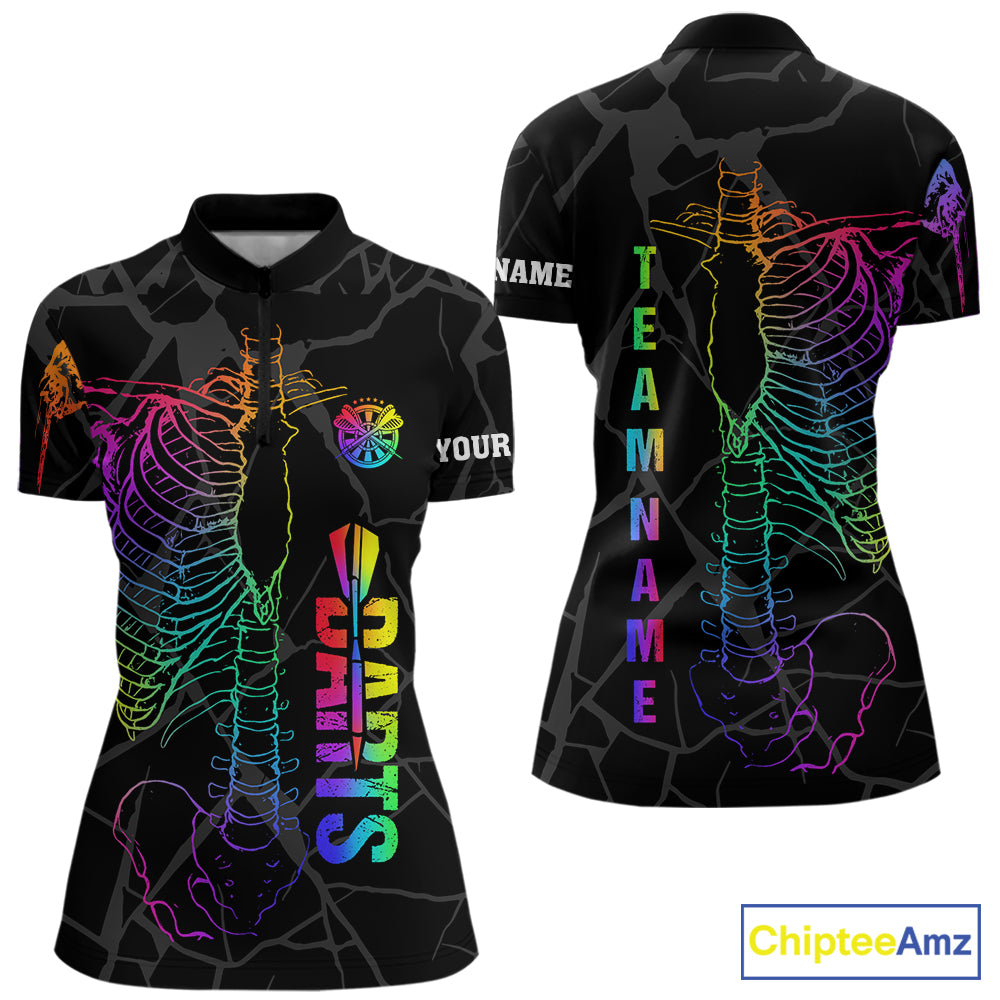 Colorful rainbow funny skeleton darts team jersey quarter zip shirt for women featuring colorful rainbow skeleton artwork, premium custom darts apparel.
