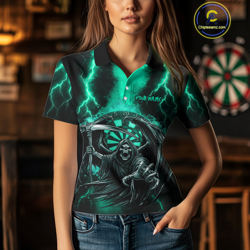 Personalized Turquoise Grim Reaper Thunder Lightning Darts Shirt For Women, 3D Darts Team Jerseys TDM4589