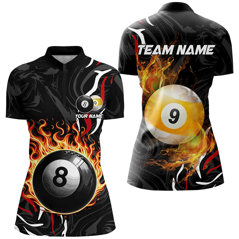 Personalized 8 Ball & 9 Ball Fire Flame Women Billiard Shirts, 3D Billiard Jerseys For Team Pooler TDM2504