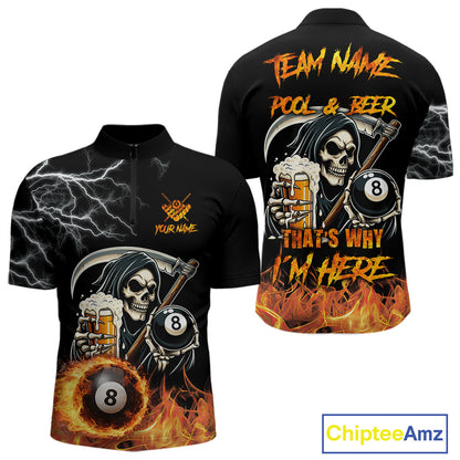 Personalized Grim Reaper Pool And Beer Flame Billiard Shirt For Men, Funny 8 Ball Pool Team Jersey TDM5014