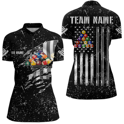 Personalized Black Grunge US Flag Billiard Balls Polo, 1/4 Zip For Women, 8 Ball Pool Billiard Jersey TDM3573
