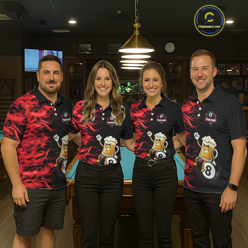 Red Flaming Funny Beer 8 Ball Billiard Shirt For Women Custom Pool Team Jersey Polo & 1/4 Zip TDM5936