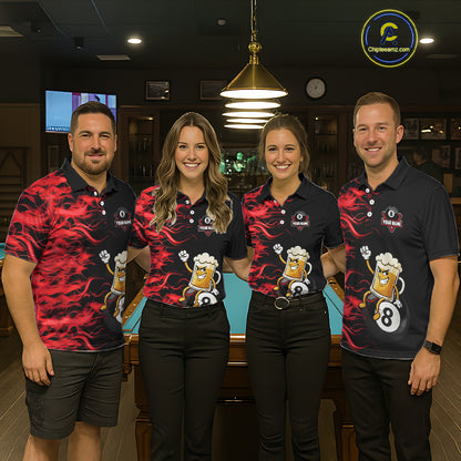 Red Flaming Funny Beer 8 Ball Billiard Shirt For Women Custom Pool Team Jersey Polo & 1/4 Zip TDM5936