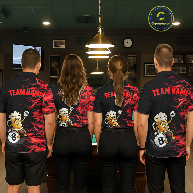 Red Flaming Funny Beer 8 Ball Billiard Shirt For Women Custom Pool Team Jersey Polo & 1/4 Zip TDM5936