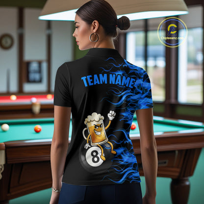 Blue Flaming Funny Beer 8 Ball Billiard Shirt For Women Custom Pool Team Jersey Polo & 1/4 Zip TDM5937