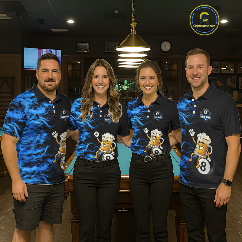 Blue Flaming Funny Beer 8 Ball Billiard Shirt For Women Custom Pool Team Jersey Polo & 1/4 Zip TDM5937