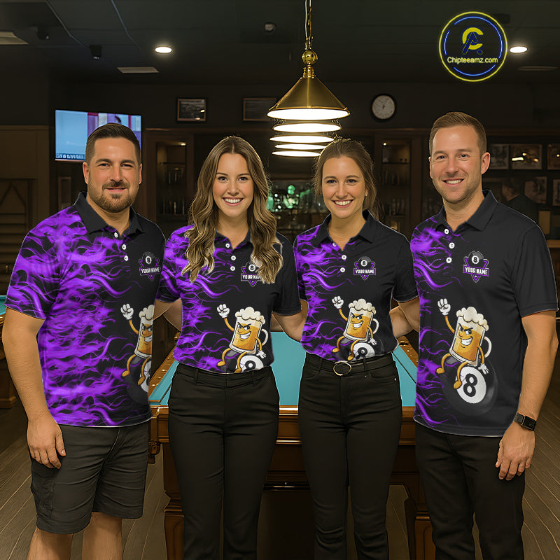 Purple Flaming Funny Beer 8 Ball Billiard Shirt For Women Custom Pool Team Jersey Polo & 1/4 Zip TDM5938