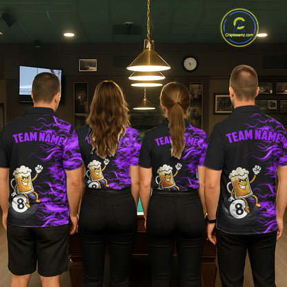 Purple Flaming Funny Beer 8 Ball Billiard Shirt For Women Custom Pool Team Jersey Polo & 1/4 Zip TDM5938