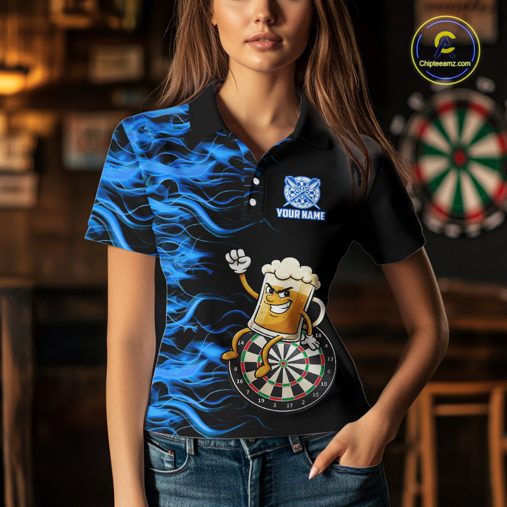 Blue Flaming Dartboard Funny Beer Darts Shirt For Women Custom Darts Jersey Team Polo & 1/4 Zip TDM5940