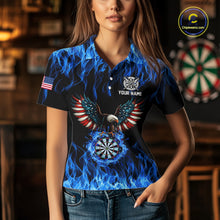 Load image into Gallery viewer, Blue Flaming American Flag Eagle Darts Shirt For Women Custom Darts Jersey Team Polo &amp; 1/4 Zip TDM5941