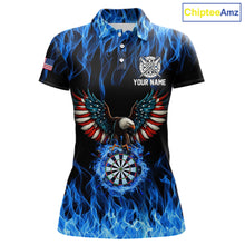 Load image into Gallery viewer, Blue Flaming American Flag Eagle Darts Shirt For Women Custom Darts Jersey Team Polo &amp; 1/4 Zip TDM5941