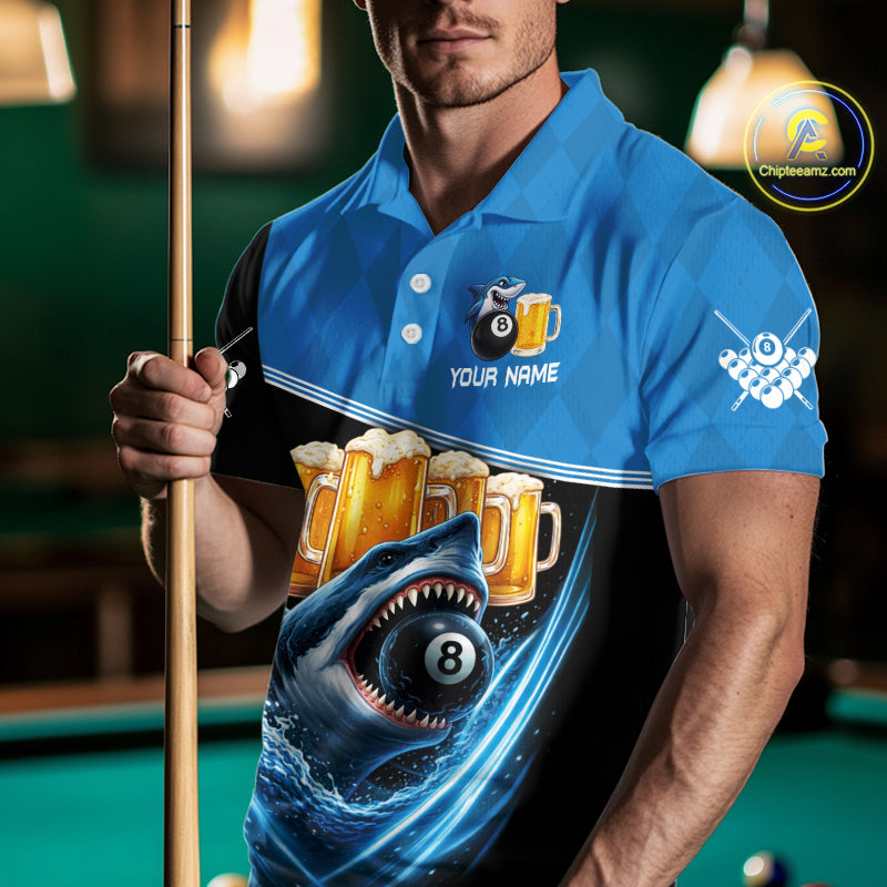 Blue Funny Beer Shark 8 Ball Billiard Jersey For Men Custom Pool Team Shirt Polo & 1/4 Zip TDM5943
