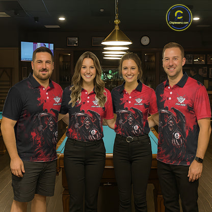 Red Grim Reaper 8 Ball Billiard Shirt For Women Custom Skull Pool Team Jersey Polo & 1/4 Zip TDM6102