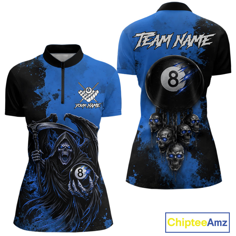 Blue Grim Reaper 8 Ball Billiard Shirt For Women Custom Skull Pool Team Jersey Polo & 1/4 Zip TDM6103