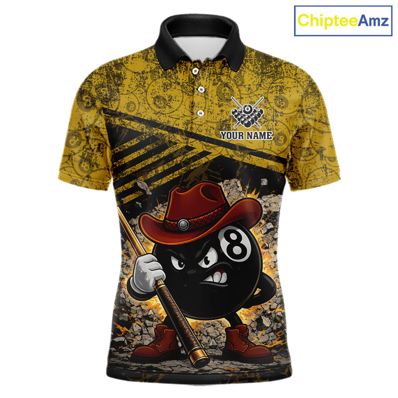 Yellow Grunge Funny 8 Ball Billiard Shirt For Men Custom Pool Team Jersey Polo & 1/4 Zip TDM6355
