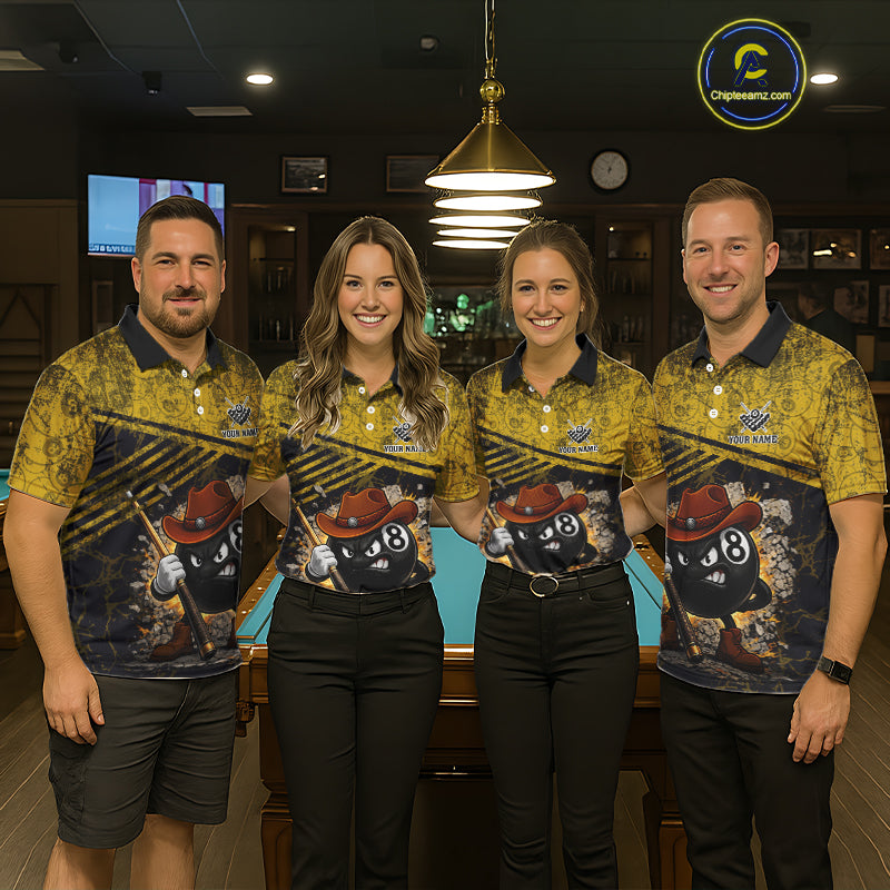 Yellow Grunge Funny 8 Ball Billiard Shirt For Men Custom Pool Team Jersey Polo & 1/4 Zip TDM6355