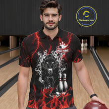 Load image into Gallery viewer, Man wearing a red flaming panther bowling polo shirt at a bowling alley front view.