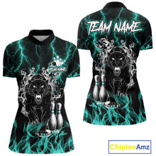 Load image into Gallery viewer, Turquoise flaming panther bowling quarter zip shirt for women designed for league tournaments and team events.