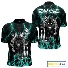 Load image into Gallery viewer, Turquoise flaming panther bowling quarter zip shirt for men designed for league tournaments and team events.