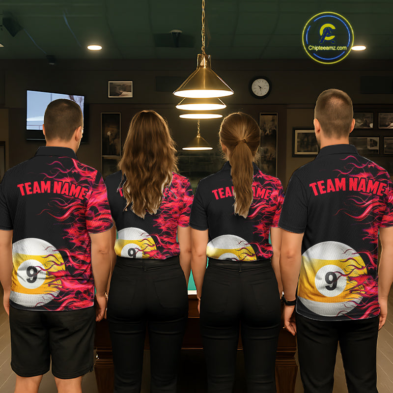 Red Flaming 8 Ball & 9 Ball Billiard Shirt For Women Custom Pool Team Jersey Polo & Quarter Zip TDM5481
