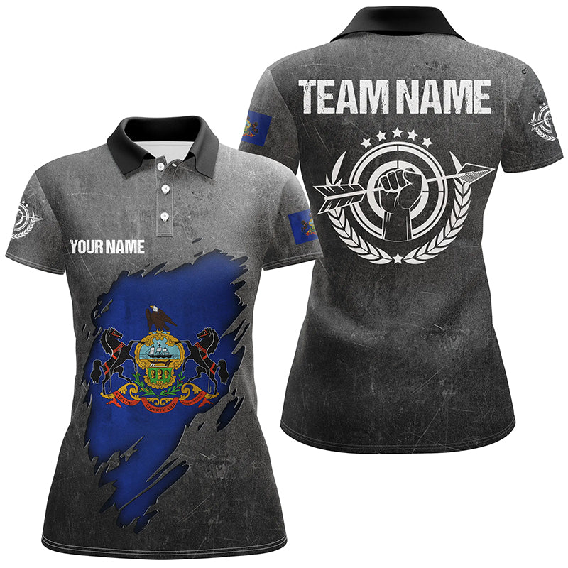 Grunge Pennsylvania Archery Women Polo Shirts, Custom Patriotic Pennsylvania Flag Archery Jerseys TDM0934