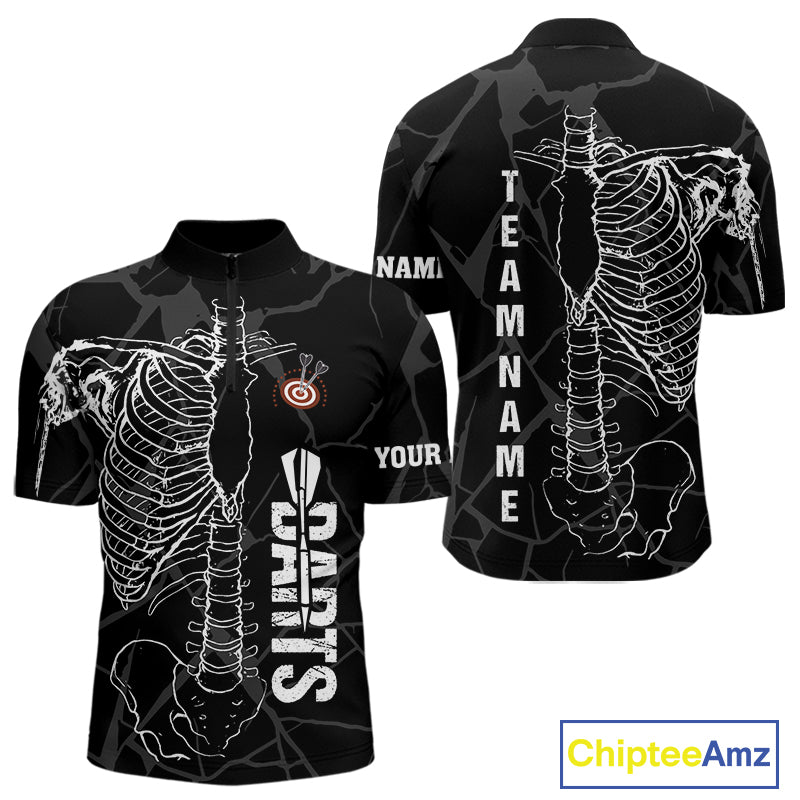 White Skeleton Custom Black Grunge Darts Polo & 1/4 Zip, Funny Dart Shirts For Men Dart Jerseys TDM3746