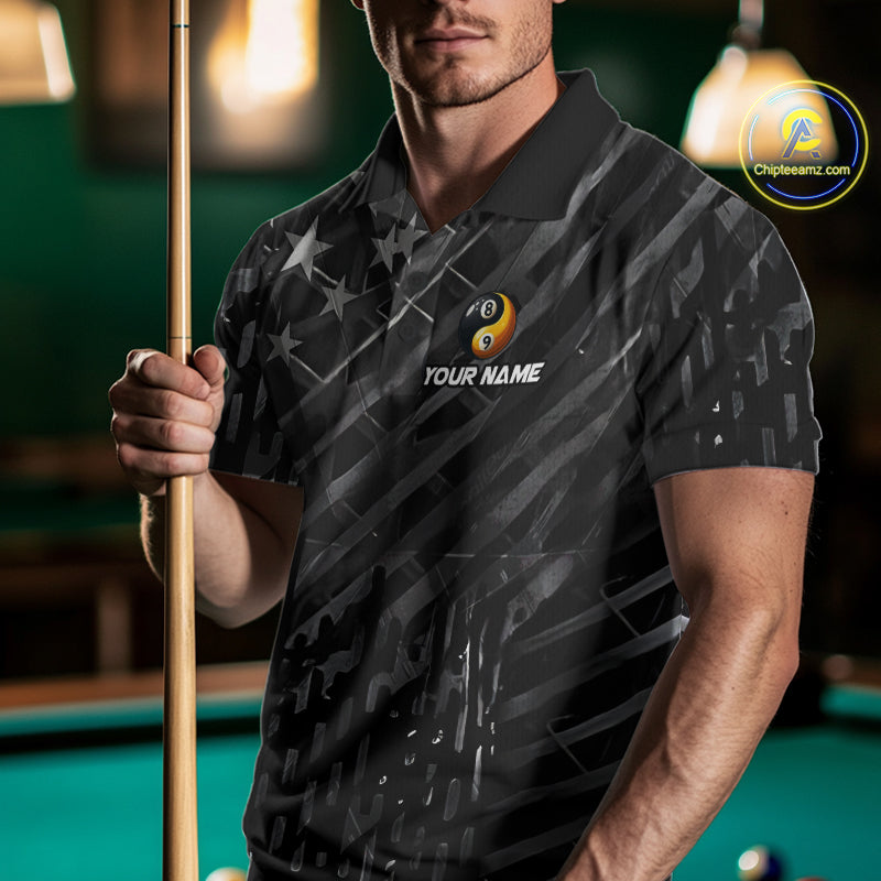 Black US Flag Yin And Yang Custom Eagle Billiard Shirts For Men, 8 Ball & 9 Ball Pool Team Jersey TDM6532