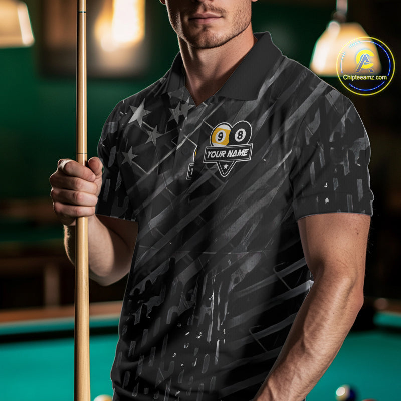 Black US Flag 8 Ball & 9 Ball Pool Billiard Shirt For Men Custom Billiard Team Jersey Polo, 1/4 Zip TDM6533