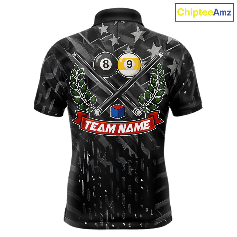 Black US Flag 8 Ball & 9 Ball Pool Billiard Shirt For Men Custom Billiard Team Jersey Polo, 1/4 Zip TDM6533