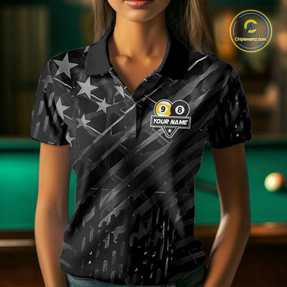 Black US Flag 8 Ball & 9 Ball Pool Billiard Shirt For Women Custom Billiard Team Jersey Polo, 1/4 Zip TDM6533