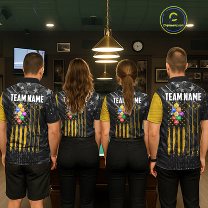 Yellow Black American Flag 9 Ball Pool Men's Billiard Shirt Custom Billiard Jersey Polo, 1/4 Zip TDM6534