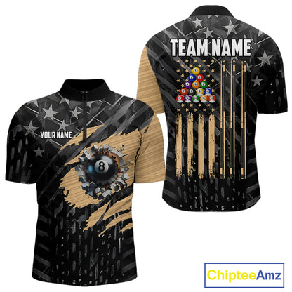 Black American Flag 8 Ball Billiard Shirt For Men Custom Billiard Team Jersey Polo & 1/4 Zip |Tan TDM6535