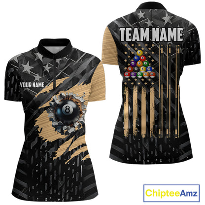Black American Flag 8 Ball Billiard Shirt For Women Custom Billiard Team Jersey Polo & 1/4 Zip |Tan TDM6535