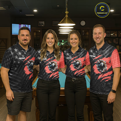 Black American Flag 8 Ball Billiard Shirt For Men Custom Billiard Team Jersey Polo & 1/4 Zip |Red TDM6537