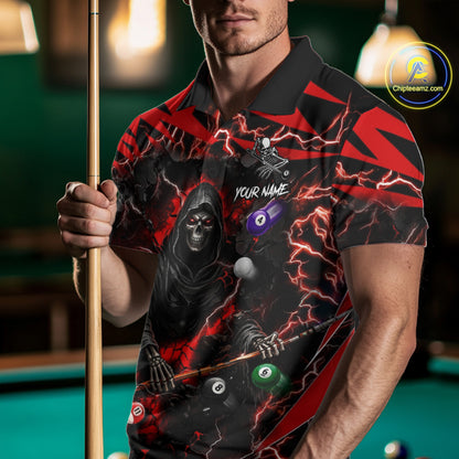 Man wearing a red grim reaper lightning 8 ball billiard jersey beside a pool table front view.