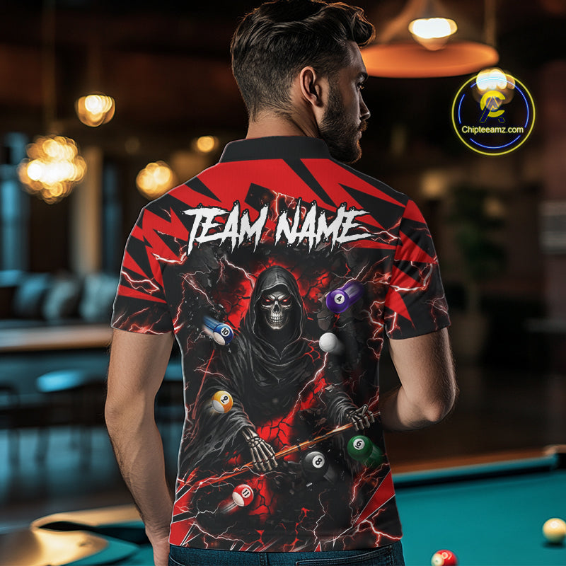 Back view of man wearing a red grim reaper lightning 8 ball pool shirt in a billiards hall.