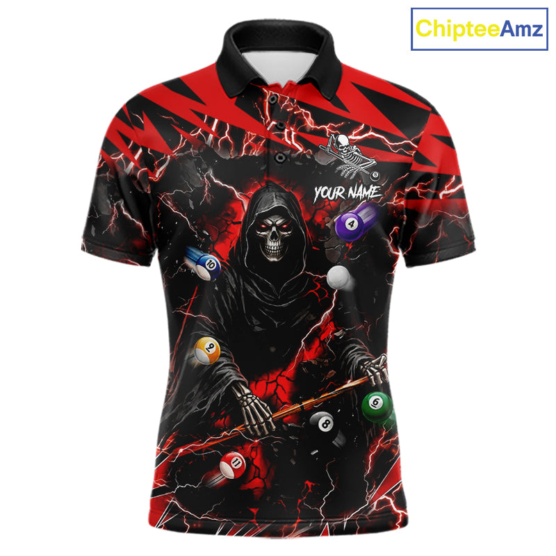 Red grim reaper lightning 8 ball billiard polo shirt for men with custom pool team graphics.