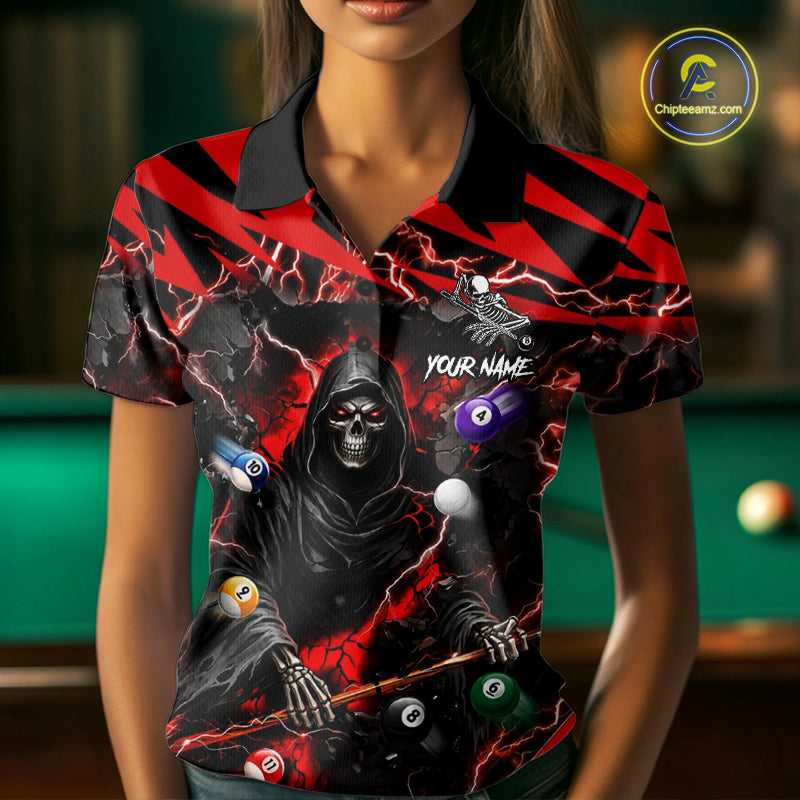 Woman wearing a red grim reaper lightning 8 ball billiard jersey beside a pool table front view.